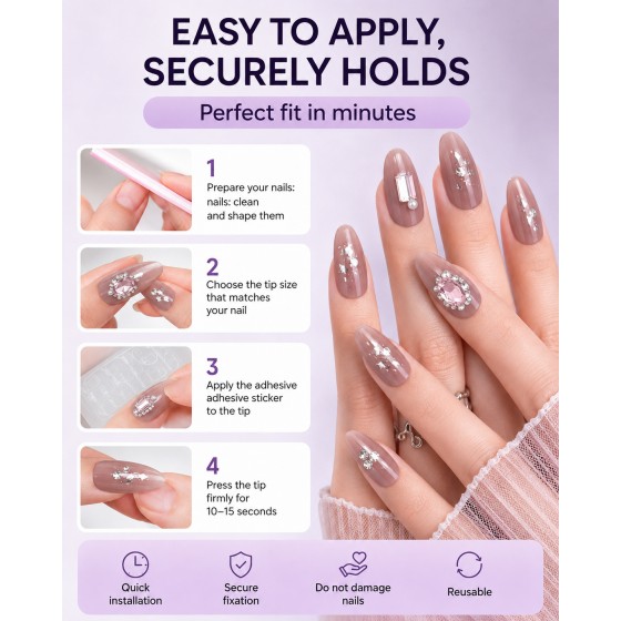 Mauve Taupe Medium‑Long Almond Press‑On Nails, Luxury False Nails With Pink Rhinestones Pearls & Silver Foil